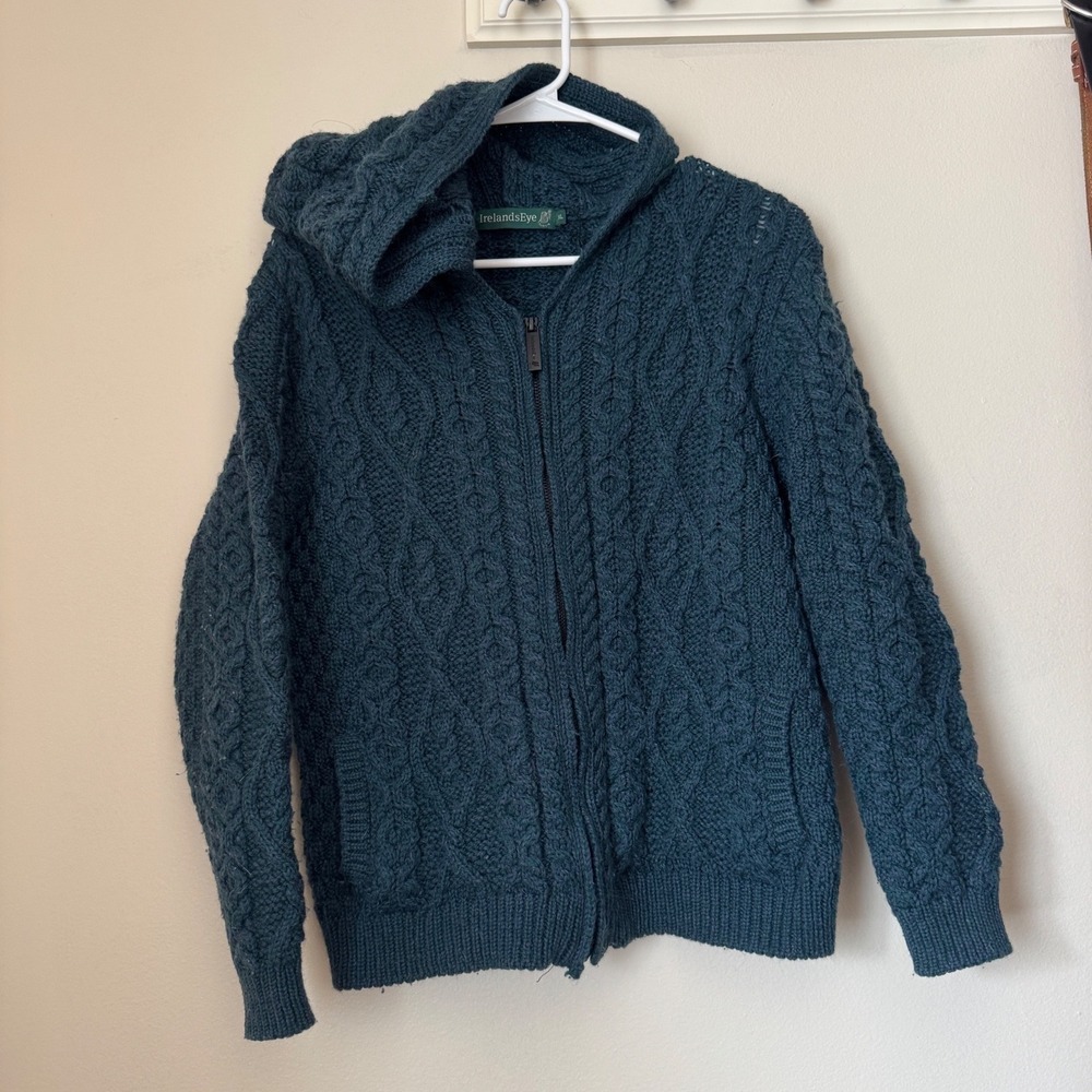 IrelandsEye Dublin Virgin Wool Cable Knit Zip Up Hooded Sweater Teal Green XL